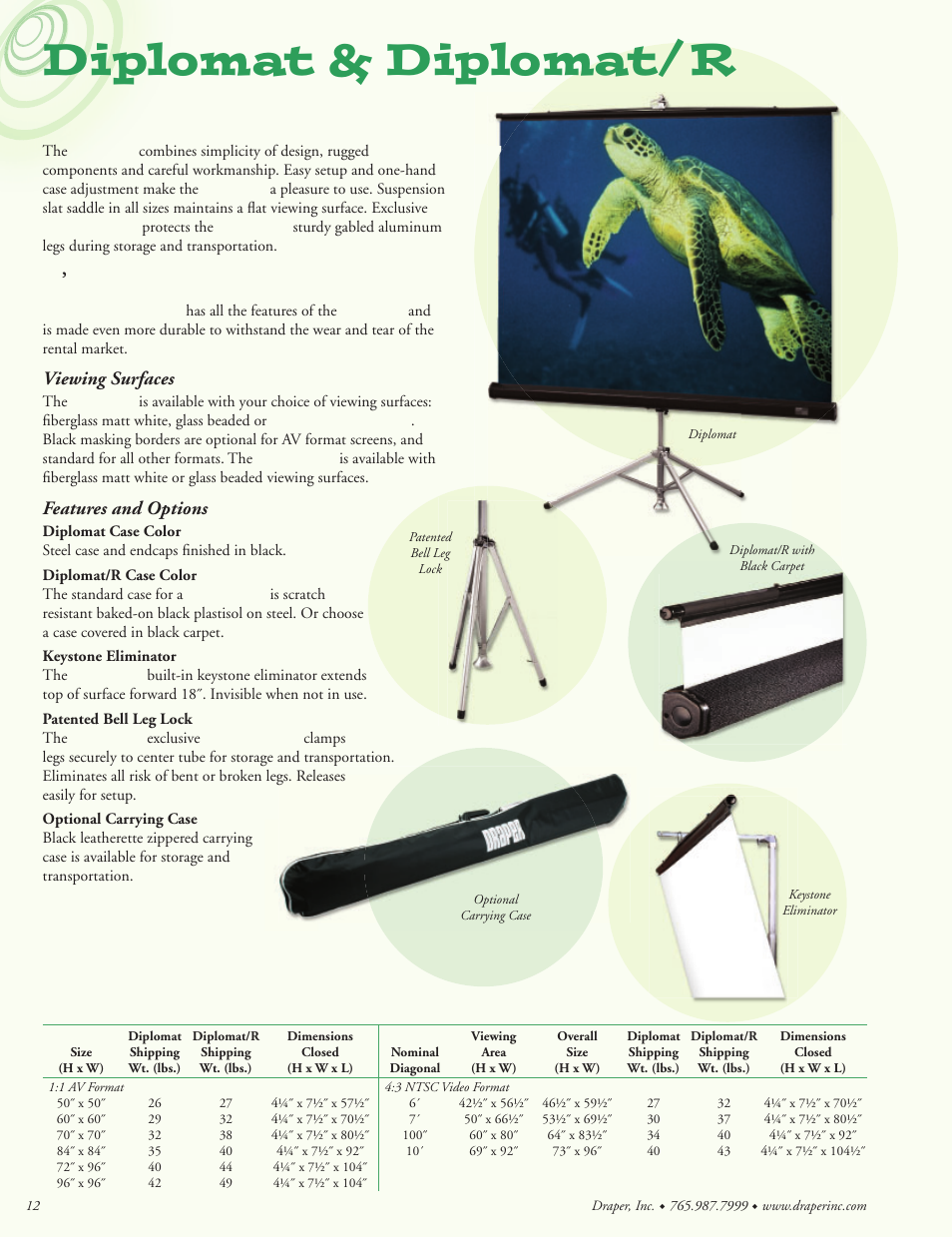 Diplomat & diplomat/r, Easy set up, It  s tough | Diplomat & diplomat/r dimensions, Viewing surfaces, Features and options | Draper Portable Projection Screen User Manual | Page 12 / 16