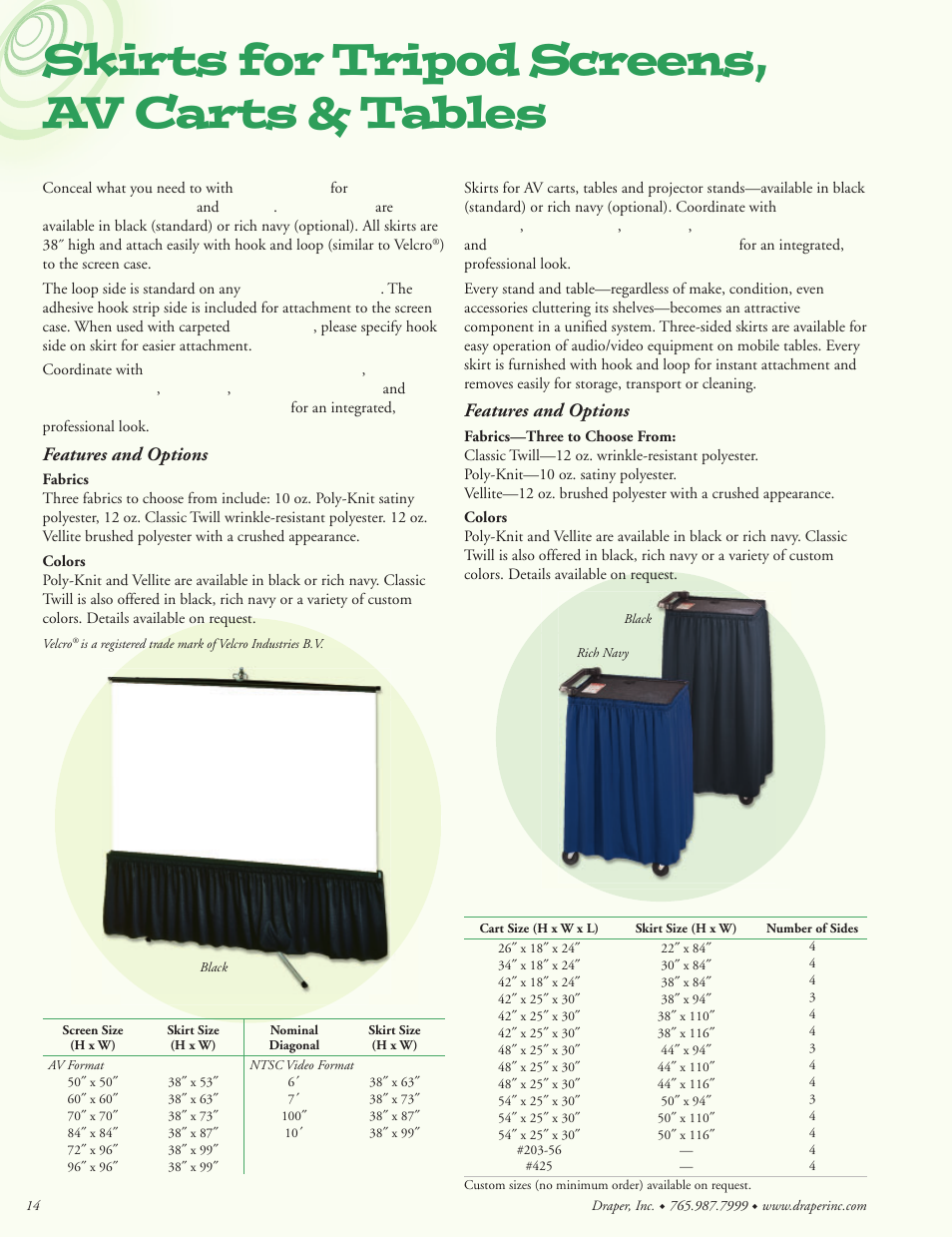 Skirts for tripod screens, av carts & tables, Tripod screen skirts, Av cart & table skirts | Tripod skirt dimensions, Av cart & table skirt dimensions, Features and options | Draper Portable Projection Screen User Manual | Page 14 / 16