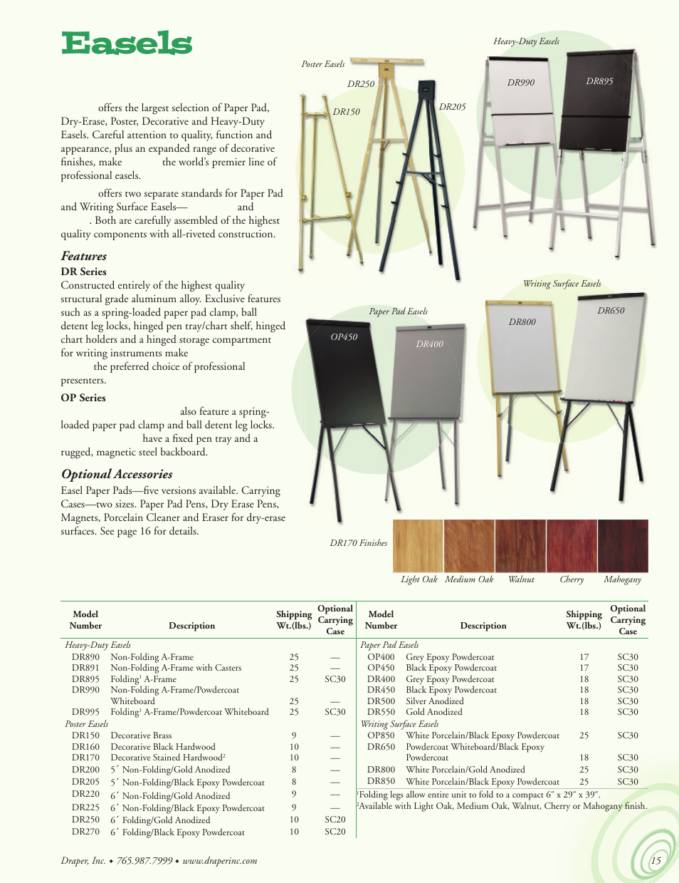 Easels, Getting the message across, Easel descriptions | Features, Optional accessories | Draper Portable Projection Screen User Manual | Page 15 / 16