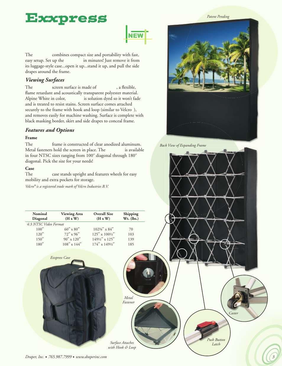 Exxpress, When time is money and every second counts, Exxpress dimensions | Viewing surfaces, Features and options | Draper Portable Projection Screen User Manual | Page 3 / 16