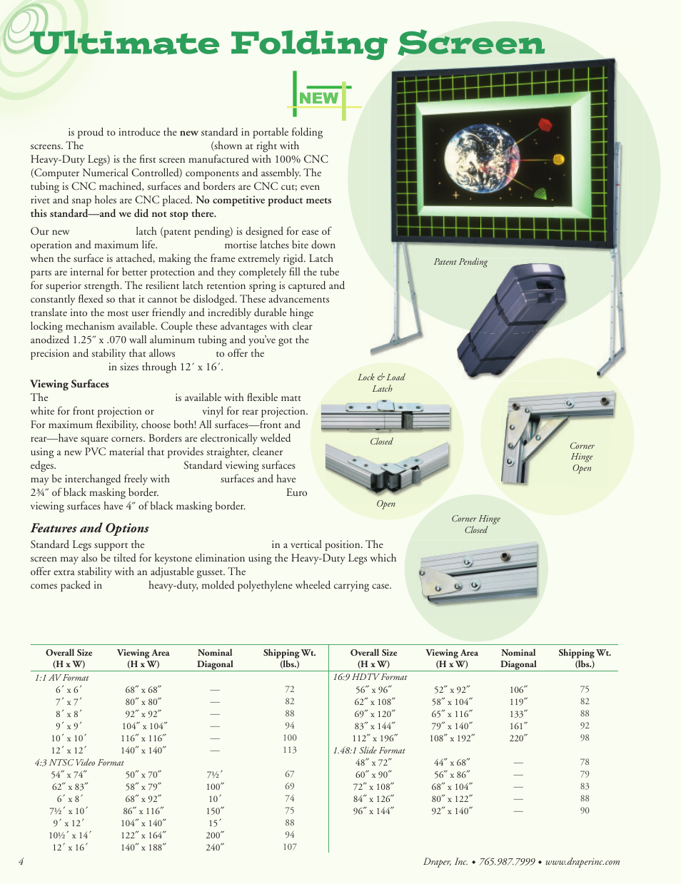 Ultimate folding screen, Ultimate folding screen standard dimensions, Features and options | Draper Portable Projection Screen User Manual | Page 4 / 16