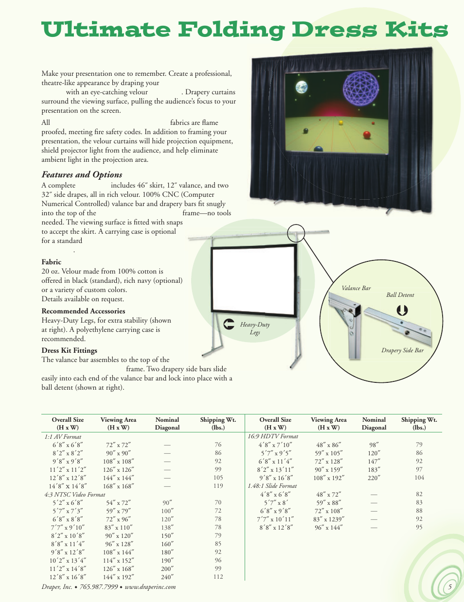 Ultimate folding dress kits, For a professional appearance, Ultimate folding screen euro dimensions | Features and options | Draper Portable Projection Screen User Manual | Page 5 / 16