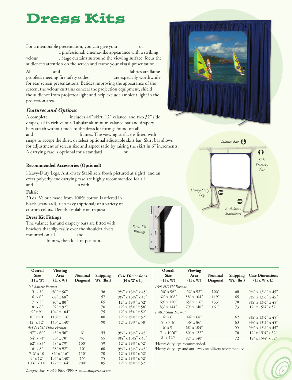 Dress kits, For cinefold or truss-style cinefold, Cinefold dimensions | Features and options | Draper Portable Projection Screen User Manual | Page 7 / 16