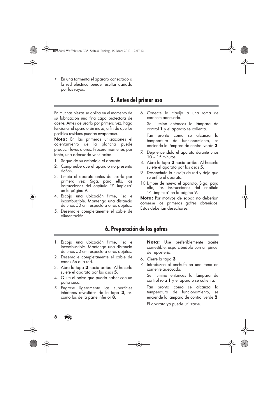 Antes del primer uso, Preparación de los gofres | Silvercrest SWEK 800 A1 User Manual | Page 10 / 58