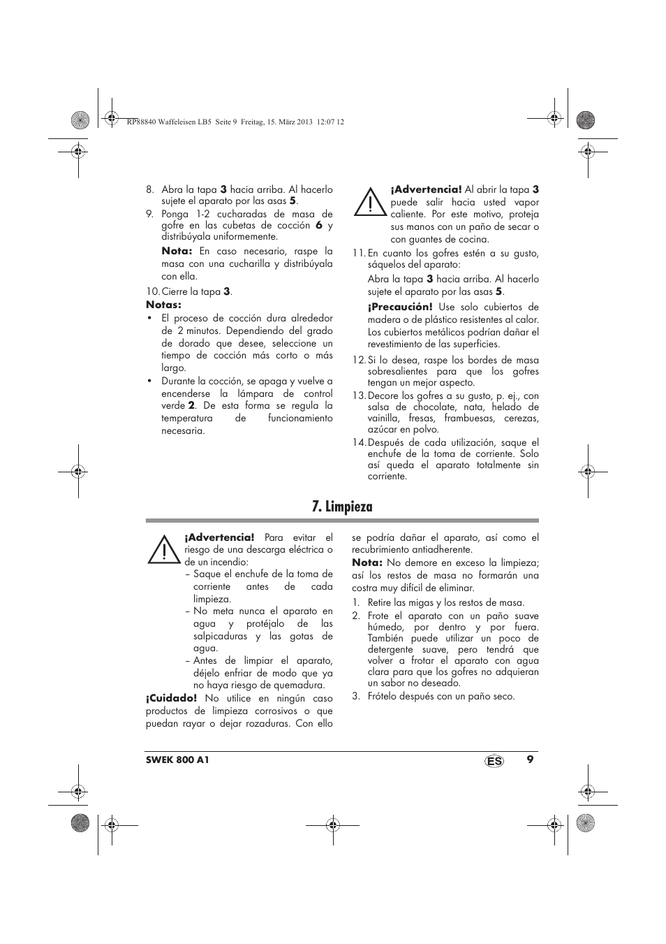 Limpieza | Silvercrest SWEK 800 A1 User Manual | Page 11 / 58