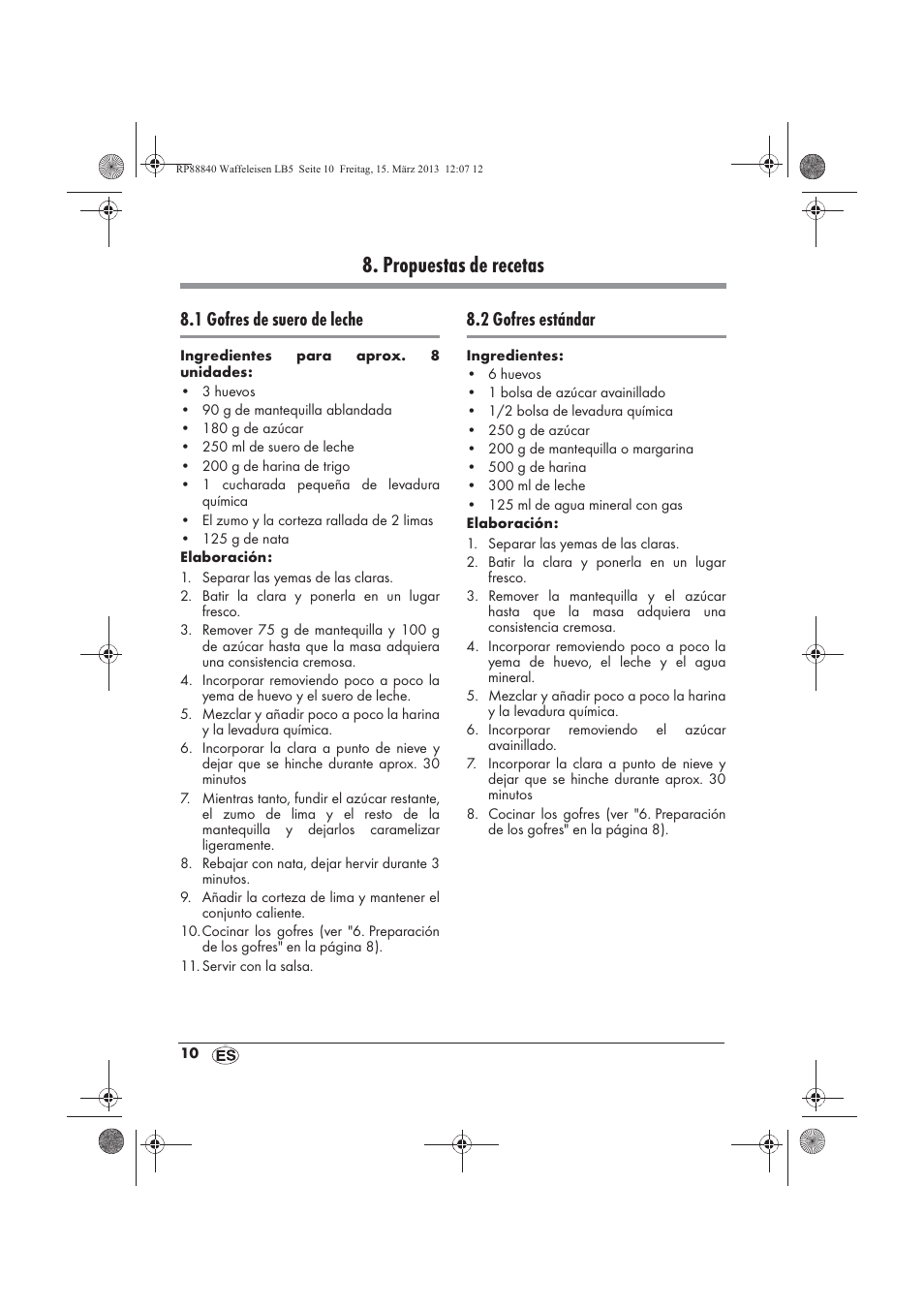 Propuestas de recetas, 1 gofres de suero de leche, 2 gofres estándar | Silvercrest SWEK 800 A1 User Manual | Page 12 / 58