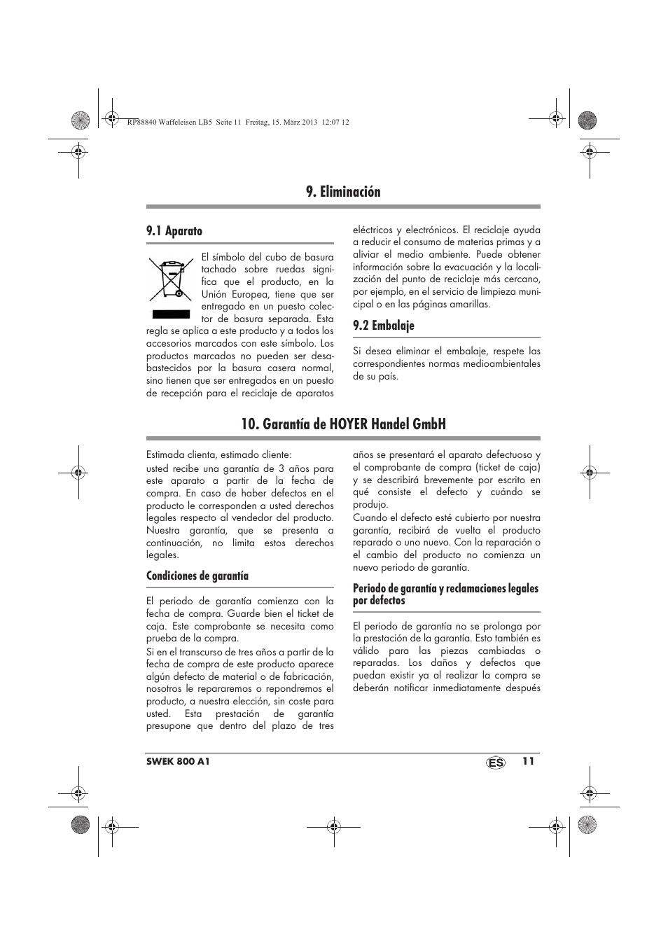 Eliminación, Garantía de hoyer handel gmbh | Silvercrest SWEK 800 A1 User Manual | Page 13 / 58