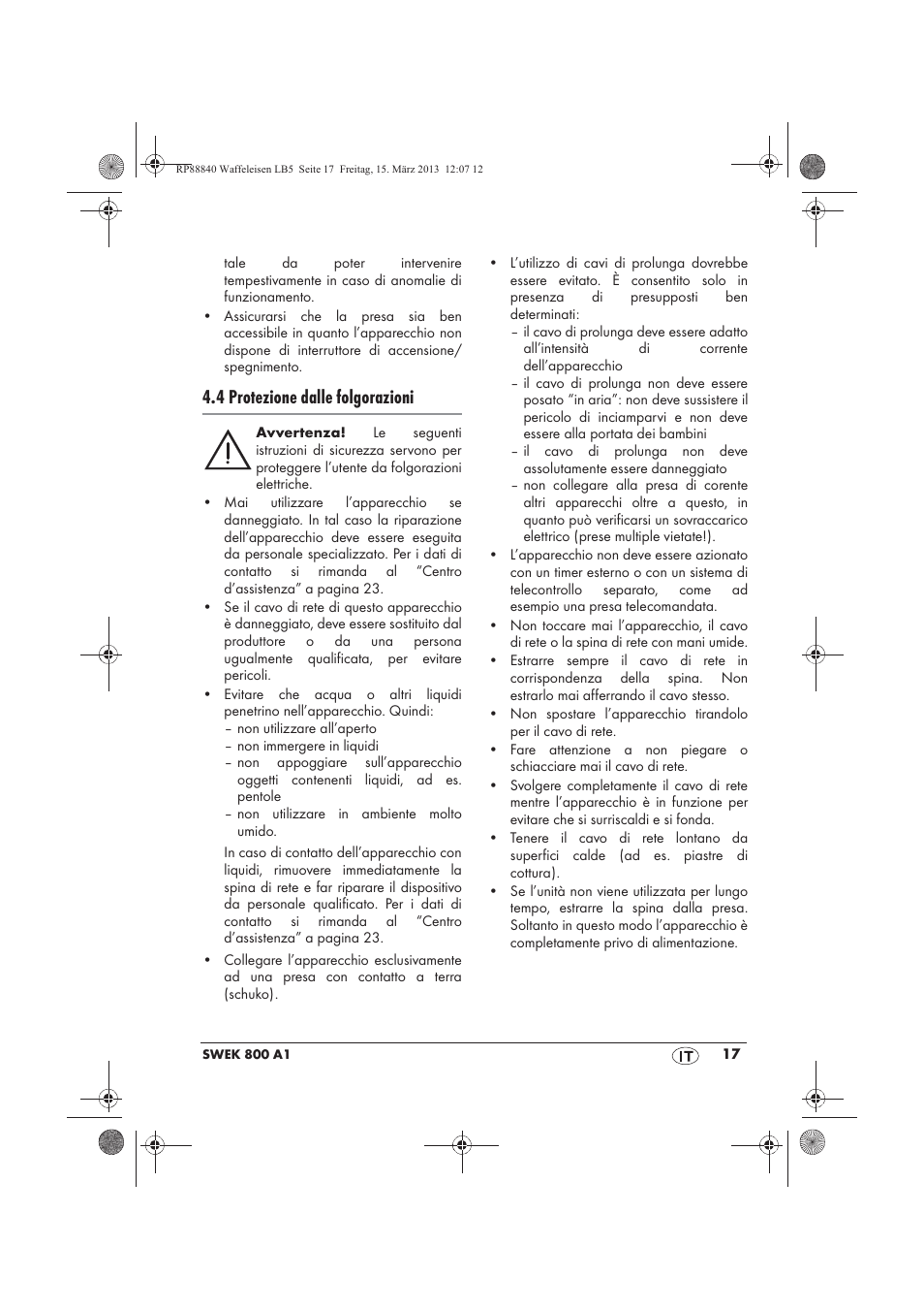 4 protezione dalle folgorazioni | Silvercrest SWEK 800 A1 User Manual | Page 19 / 58