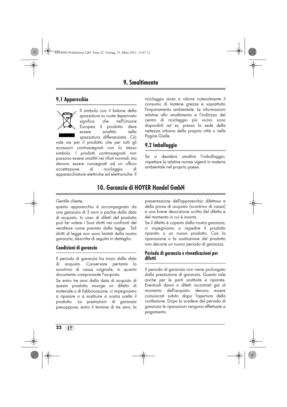 Smaltimento, Garanzia di hoyer handel gmbh | Silvercrest SWEK 800 A1 User Manual | Page 24 / 58