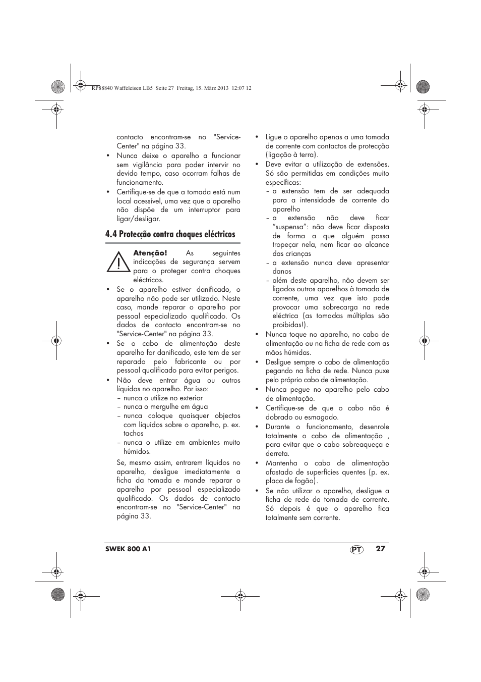 4 protecção contra choques eléctricos | Silvercrest SWEK 800 A1 User Manual | Page 29 / 58