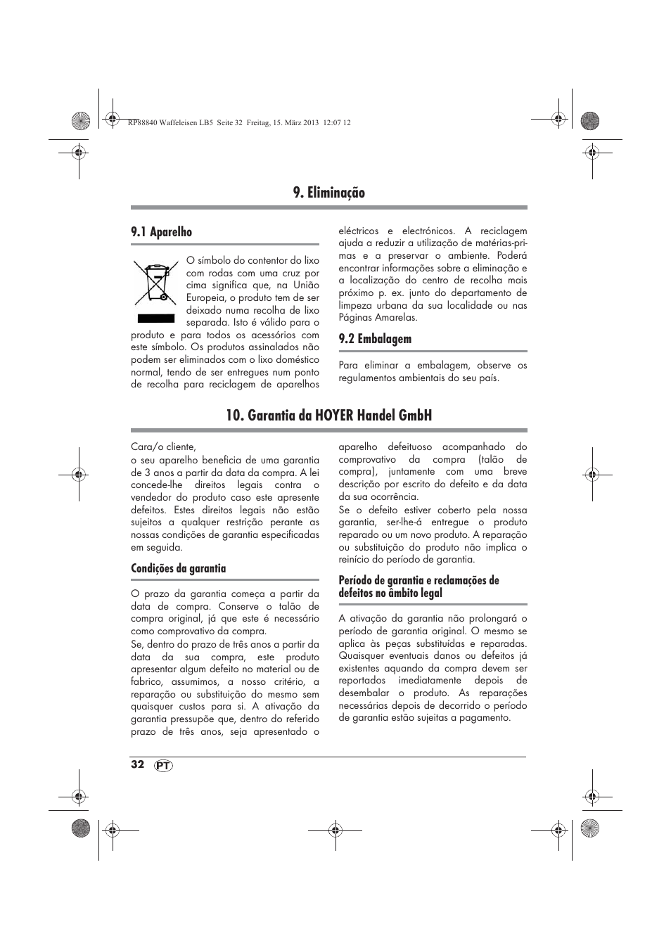 Eliminação, Garantia da hoyer handel gmbh | Silvercrest SWEK 800 A1 User Manual | Page 34 / 58