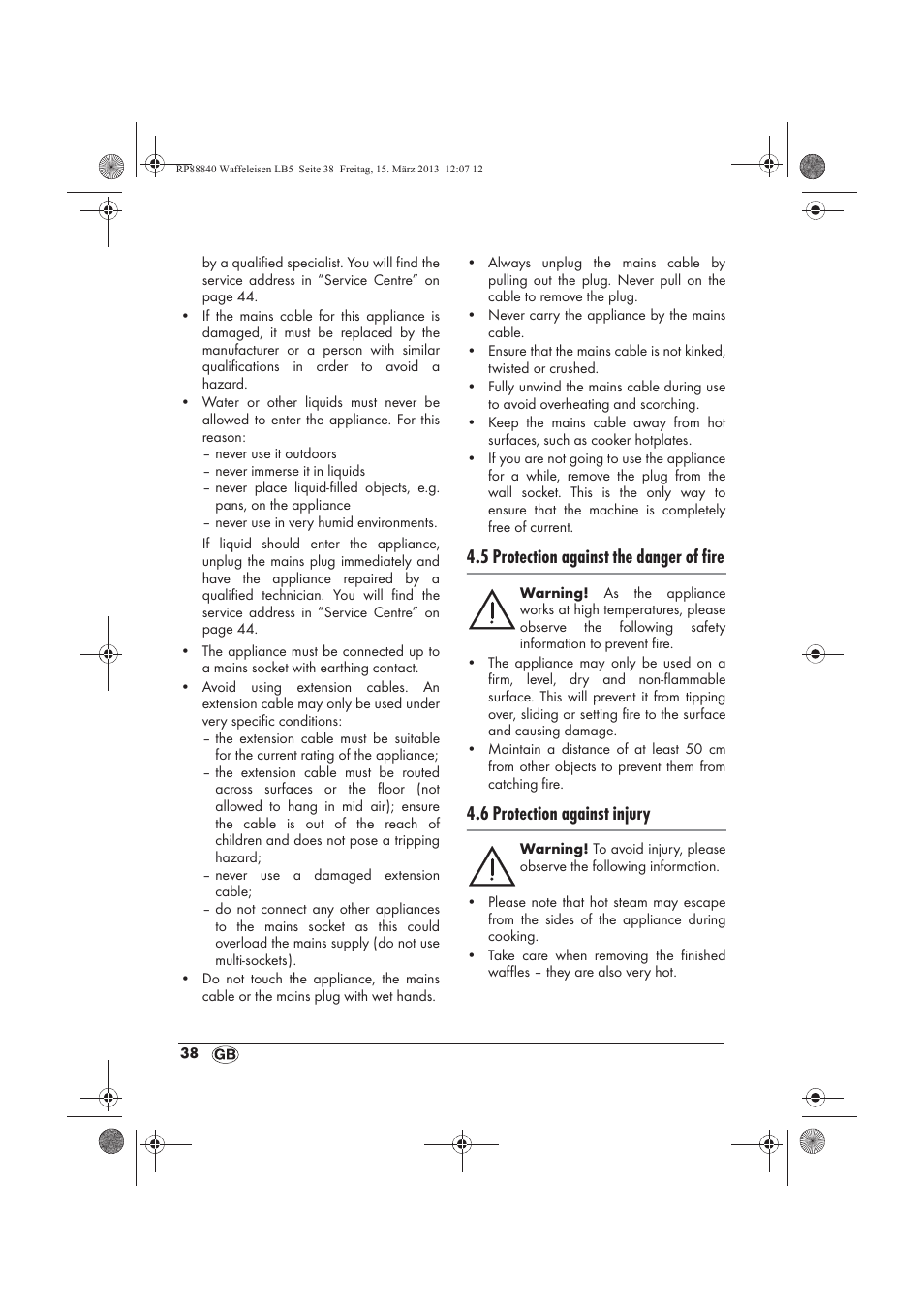 5 protection against the danger of fire, 6 protection against injury | Silvercrest SWEK 800 A1 User Manual | Page 40 / 58