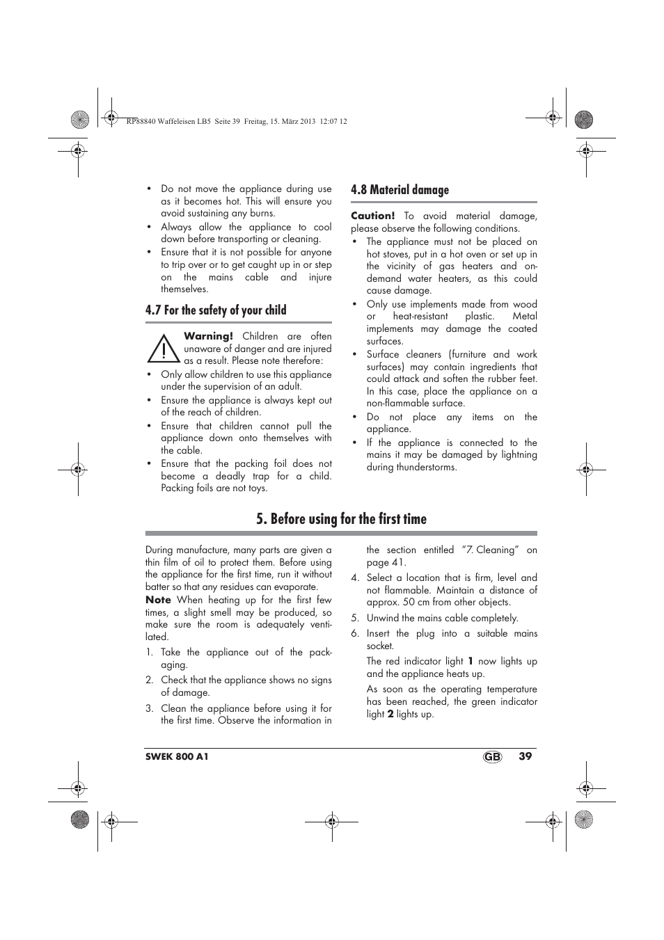 Before using for the first time, 7 for the safety of your child, 8 material damage | Silvercrest SWEK 800 A1 User Manual | Page 41 / 58