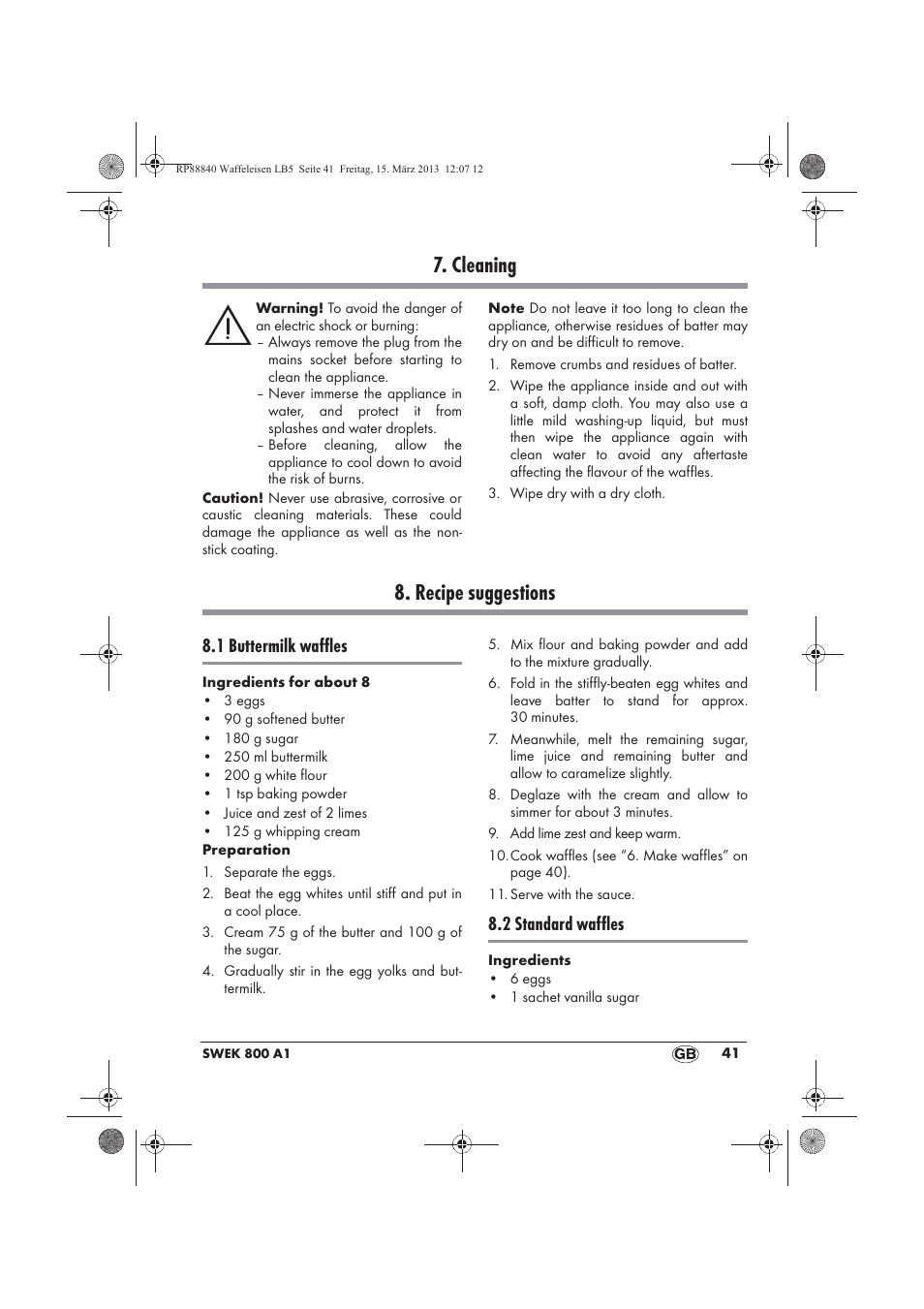 Cleaning, Recipe suggestions, 1 buttermilk waffles | 2 standard waffles | Silvercrest SWEK 800 A1 User Manual | Page 43 / 58