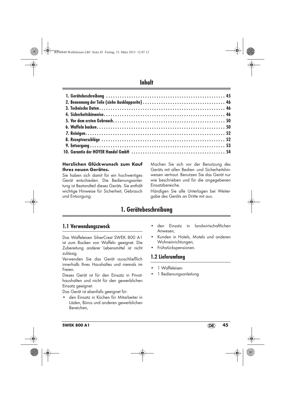 Inhalt, Gerätebeschreibung, 1 verwendungszweck | 2 lieferumfang | Silvercrest SWEK 800 A1 User Manual | Page 47 / 58