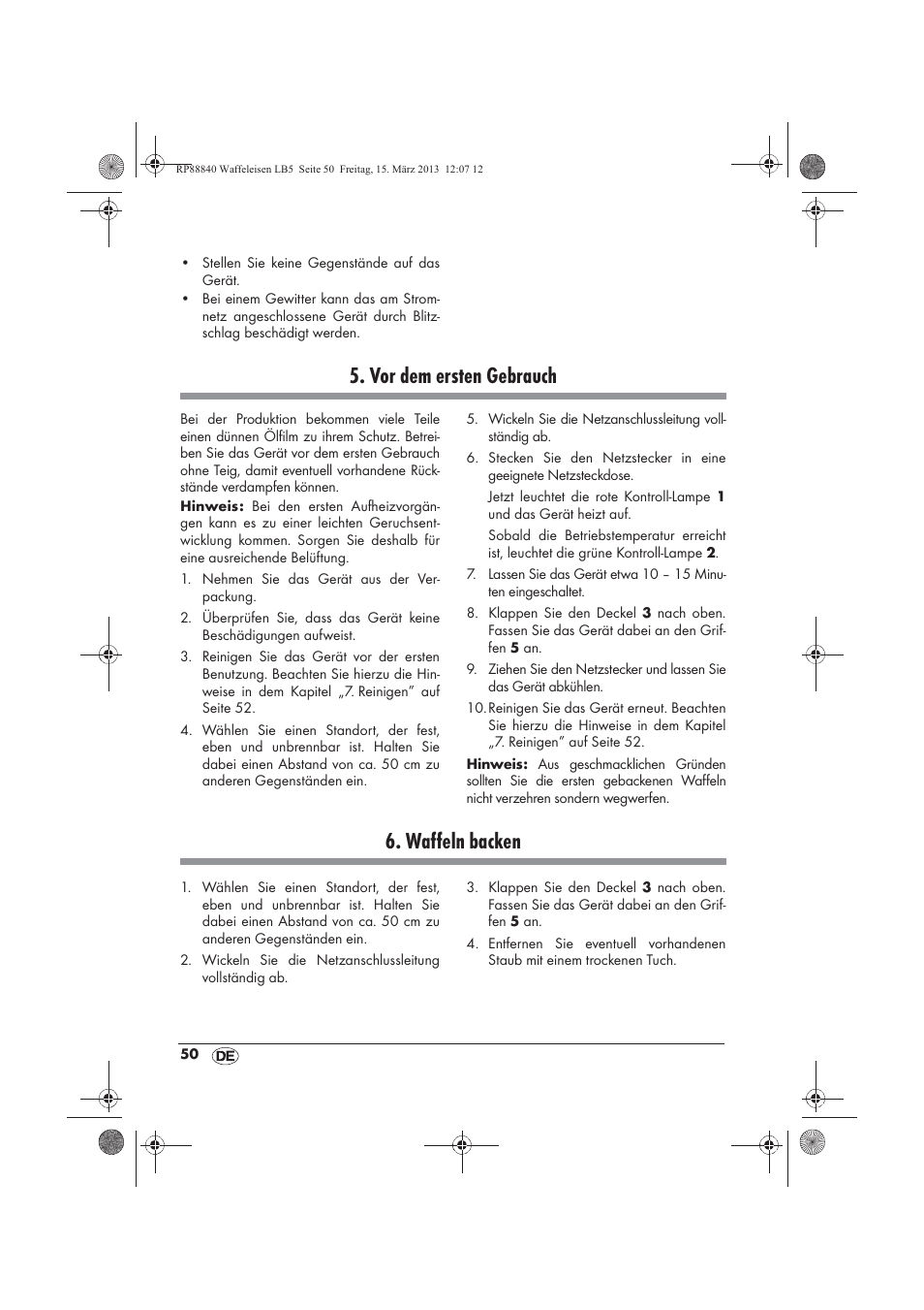 Vor dem ersten gebrauch, Waffeln backen | Silvercrest SWEK 800 A1 User Manual | Page 52 / 58