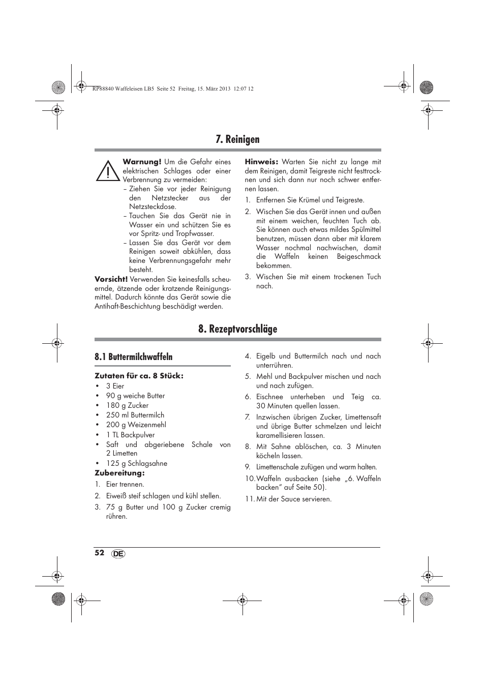 Reinigen, Rezeptvorschläge, 1 buttermilchwaffeln | Silvercrest SWEK 800 A1 User Manual | Page 54 / 58