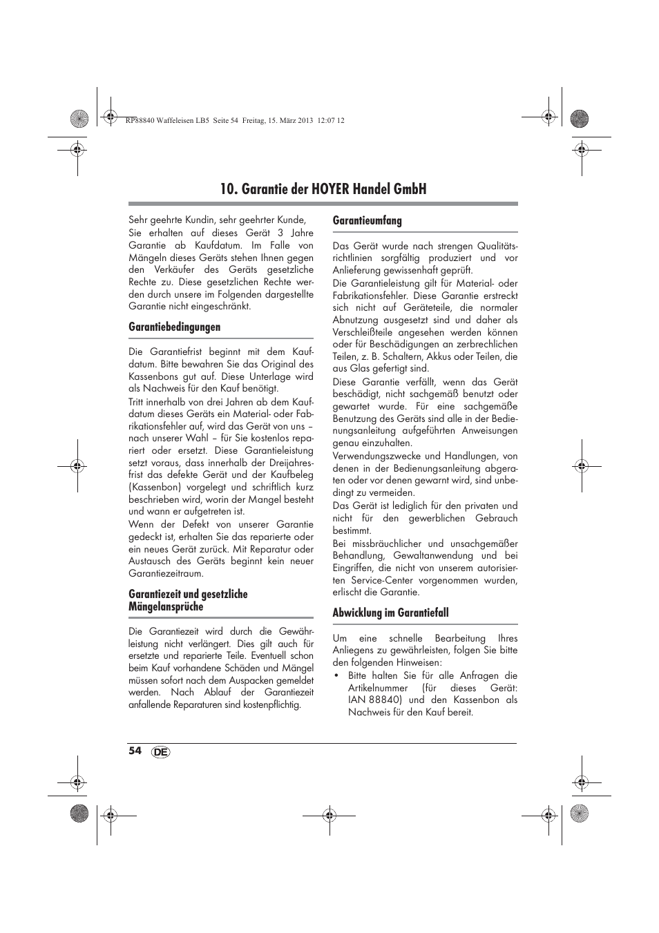 Garantie der hoyer handel gmbh | Silvercrest SWEK 800 A1 User Manual | Page 56 / 58