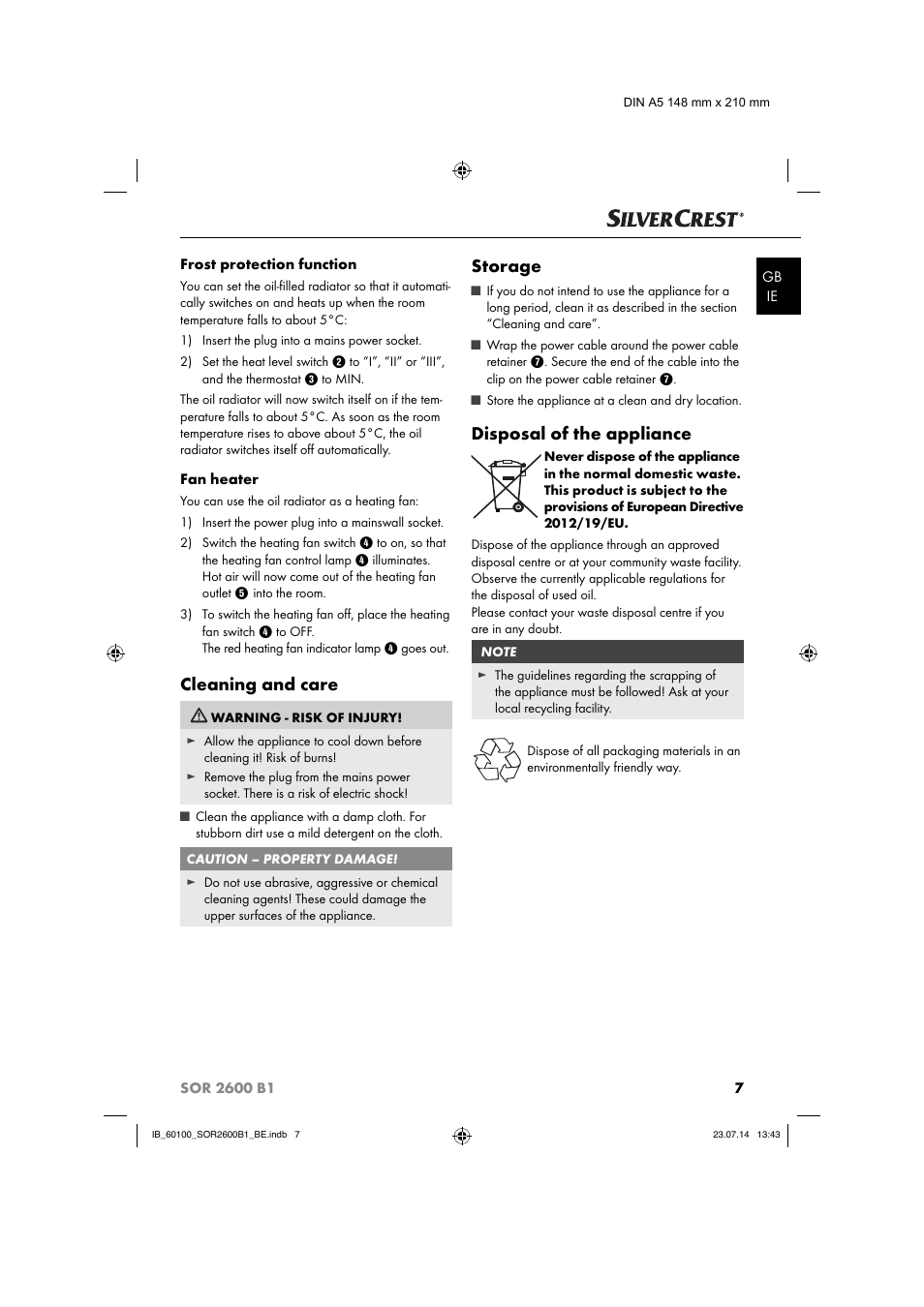 Cleaning and care, Storage, Disposal of the appliance | Silvercrest SOR 2600 B1 User Manual | Page 10 / 36