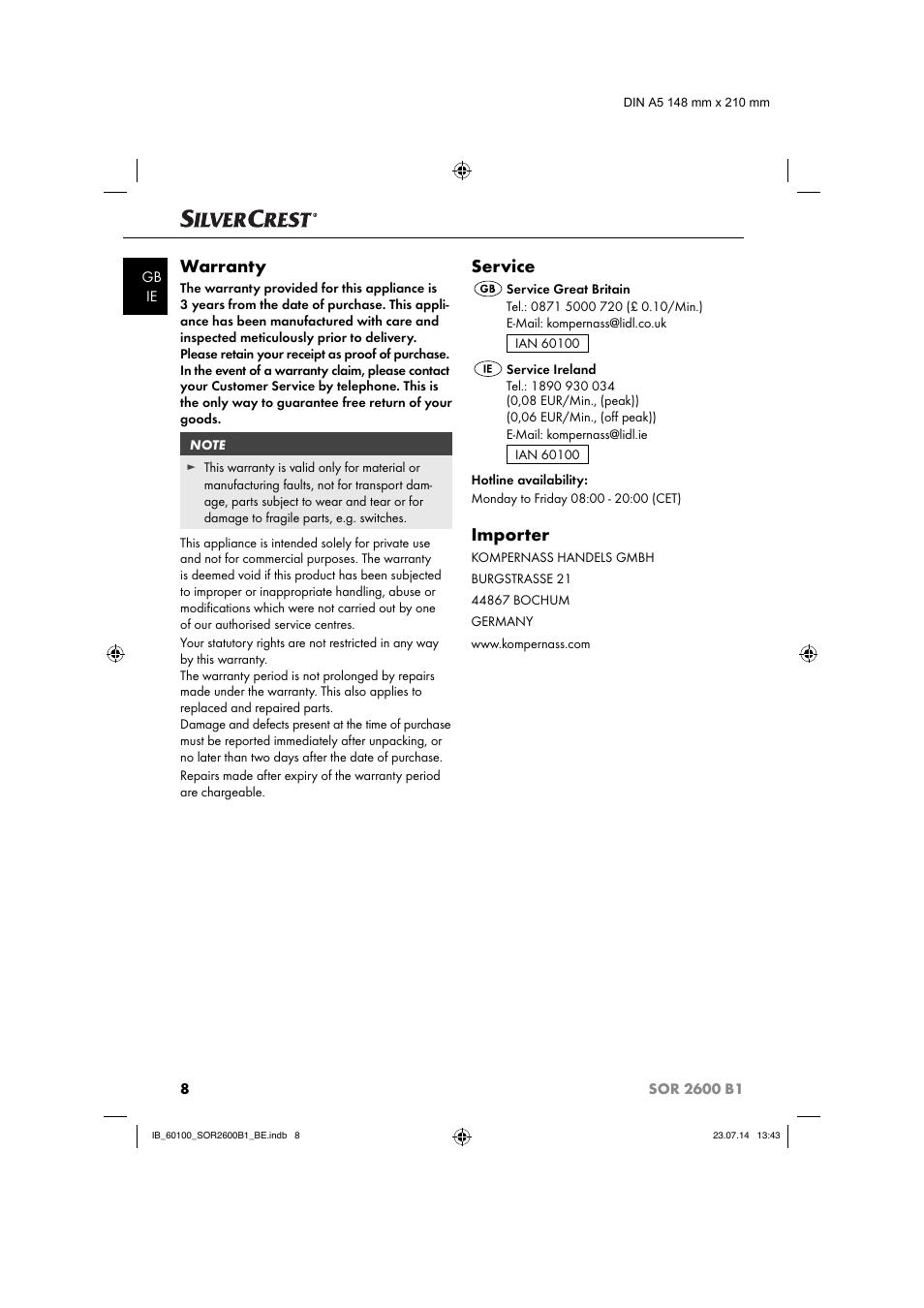Warranty, Service, Importer | Silvercrest SOR 2600 B1 User Manual | Page 11 / 36
