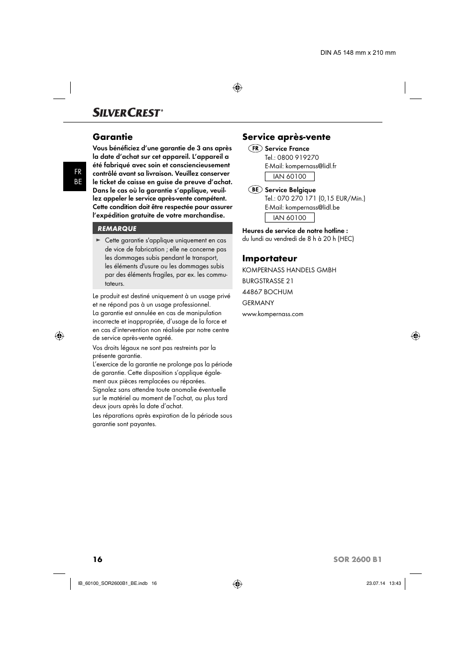 Garantie, Service après-vente, Importateur | Silvercrest SOR 2600 B1 User Manual | Page 19 / 36