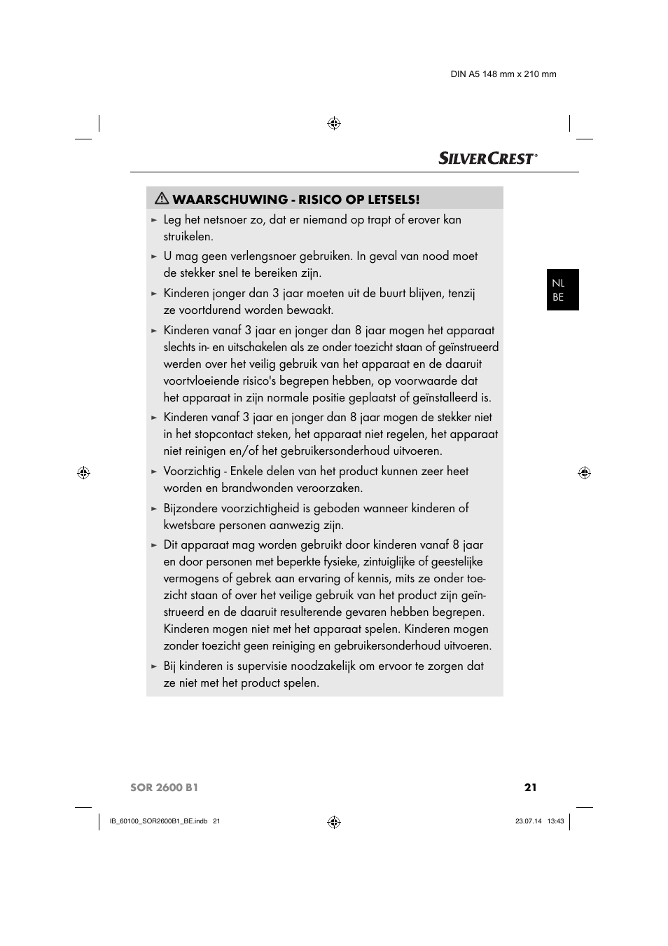 Waarschuwing - risico op letsels | Silvercrest SOR 2600 B1 User Manual | Page 24 / 36
