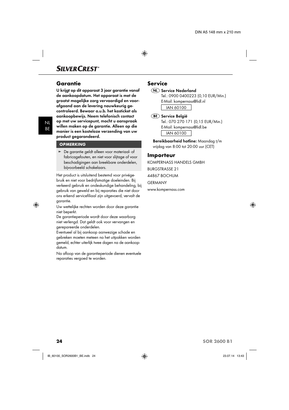 Garantie, Service, Importeur | Silvercrest SOR 2600 B1 User Manual | Page 27 / 36