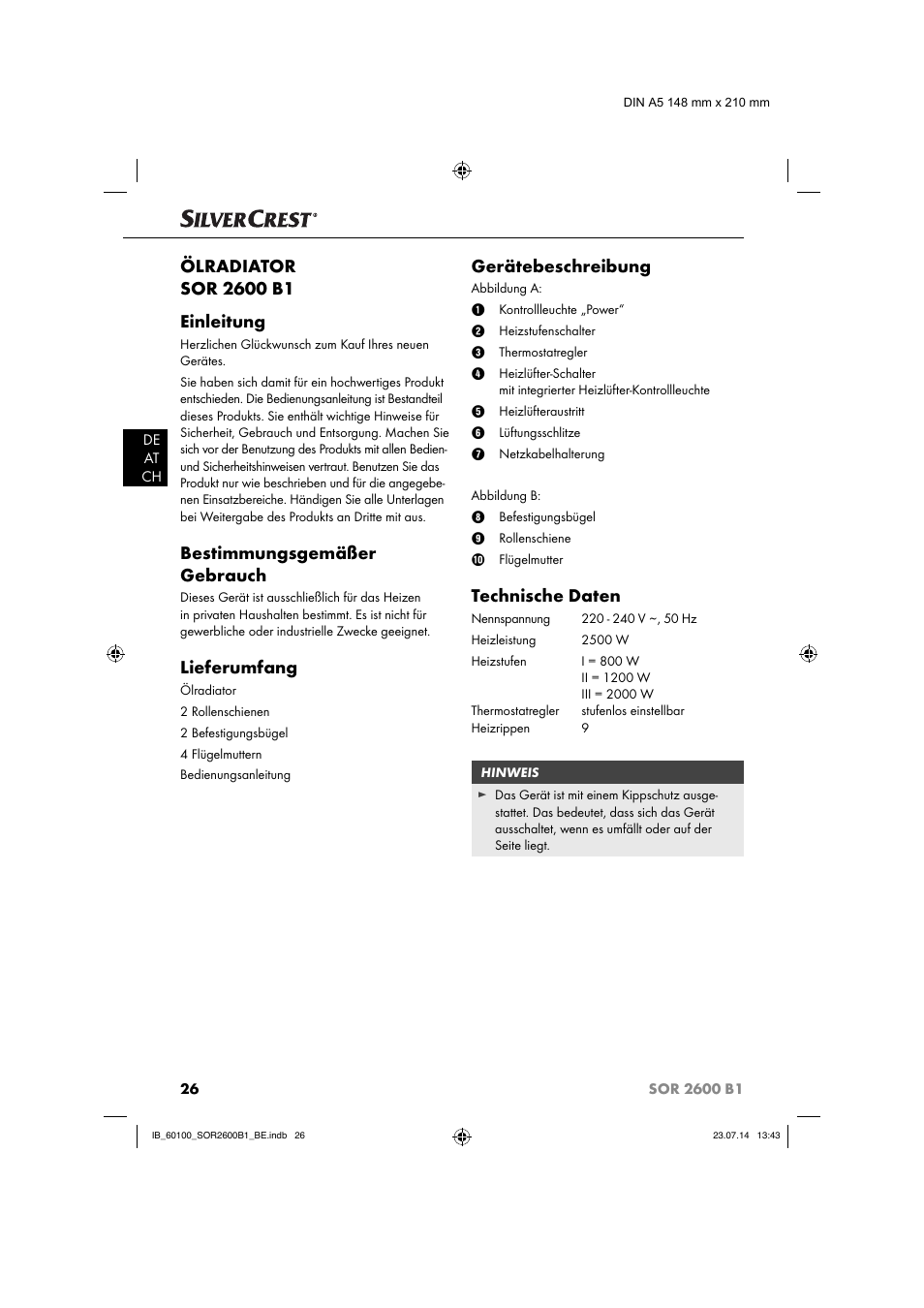 Bestimmungsgemäßer gebrauch, Lieferumfang, Gerätebeschreibung | Technische daten | Silvercrest SOR 2600 B1 User Manual | Page 29 / 36