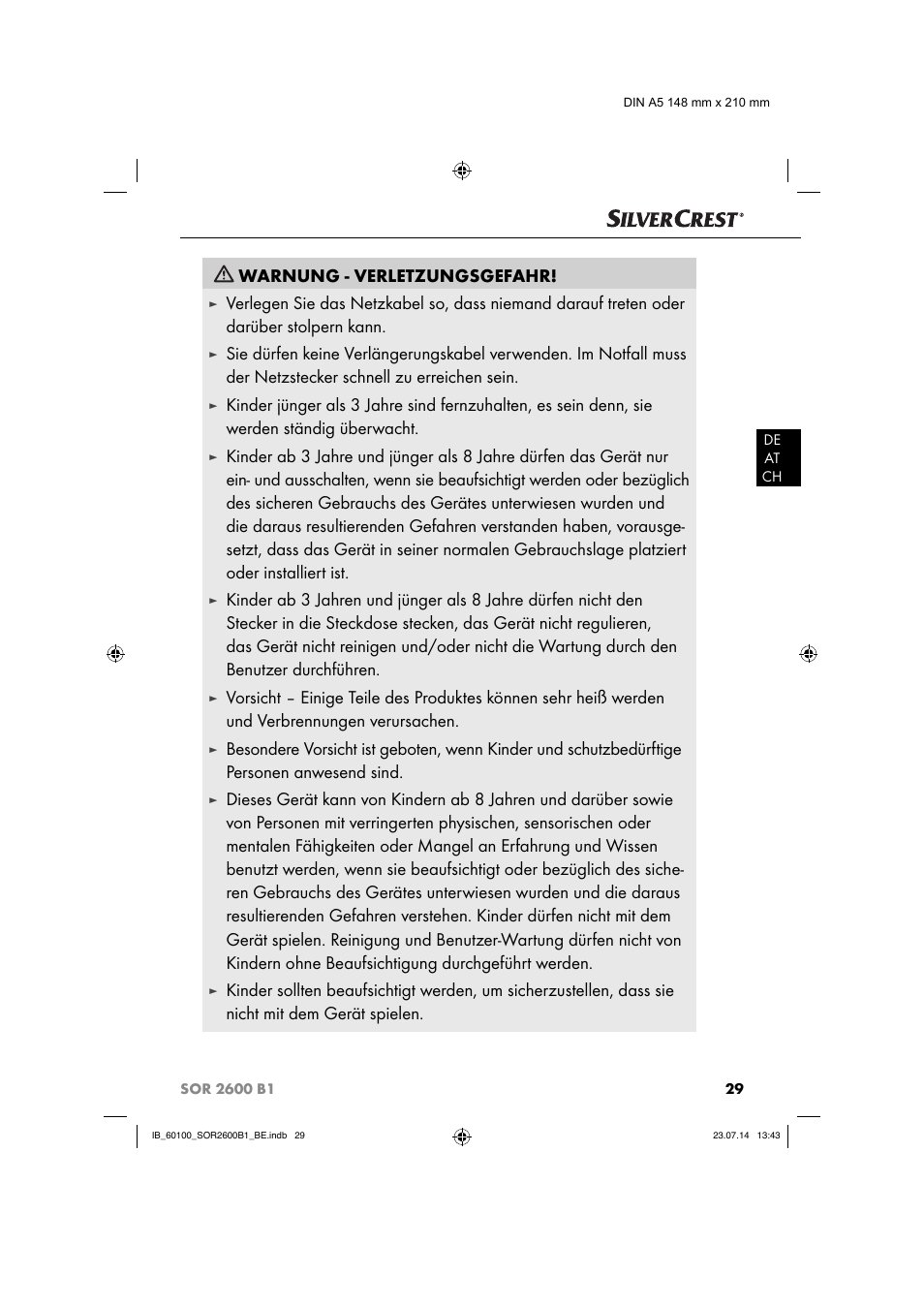 Warnung - verletzungsgefahr | Silvercrest SOR 2600 B1 User Manual | Page 32 / 36