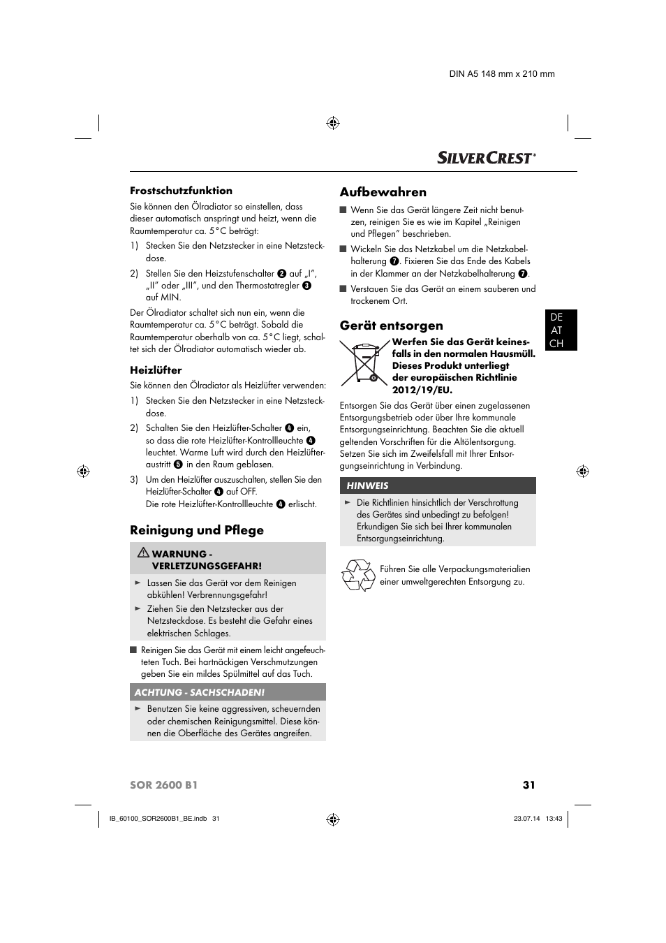 Reinigung und pﬂ ege, Aufbewahren, Gerät entsorgen | Silvercrest SOR 2600 B1 User Manual | Page 34 / 36