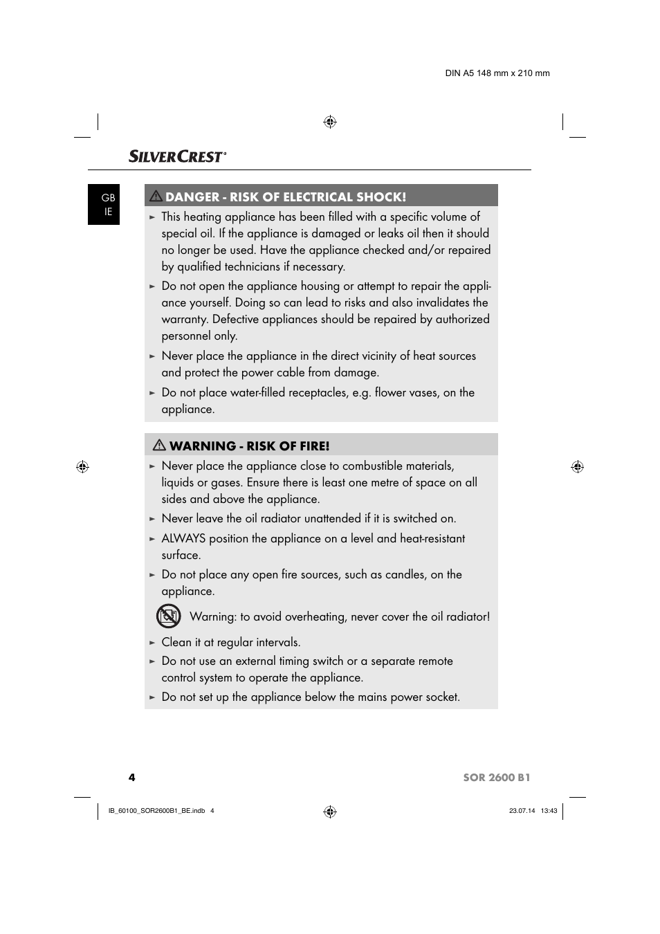 Danger - risk of electrical shock, Clean it at regular intervals | Silvercrest SOR 2600 B1 User Manual | Page 7 / 36