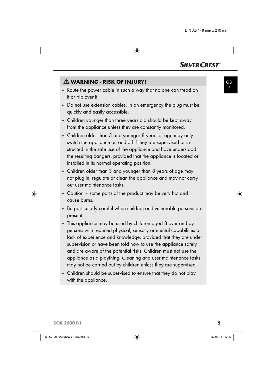 Warning - risk of injury | Silvercrest SOR 2600 B1 User Manual | Page 8 / 36