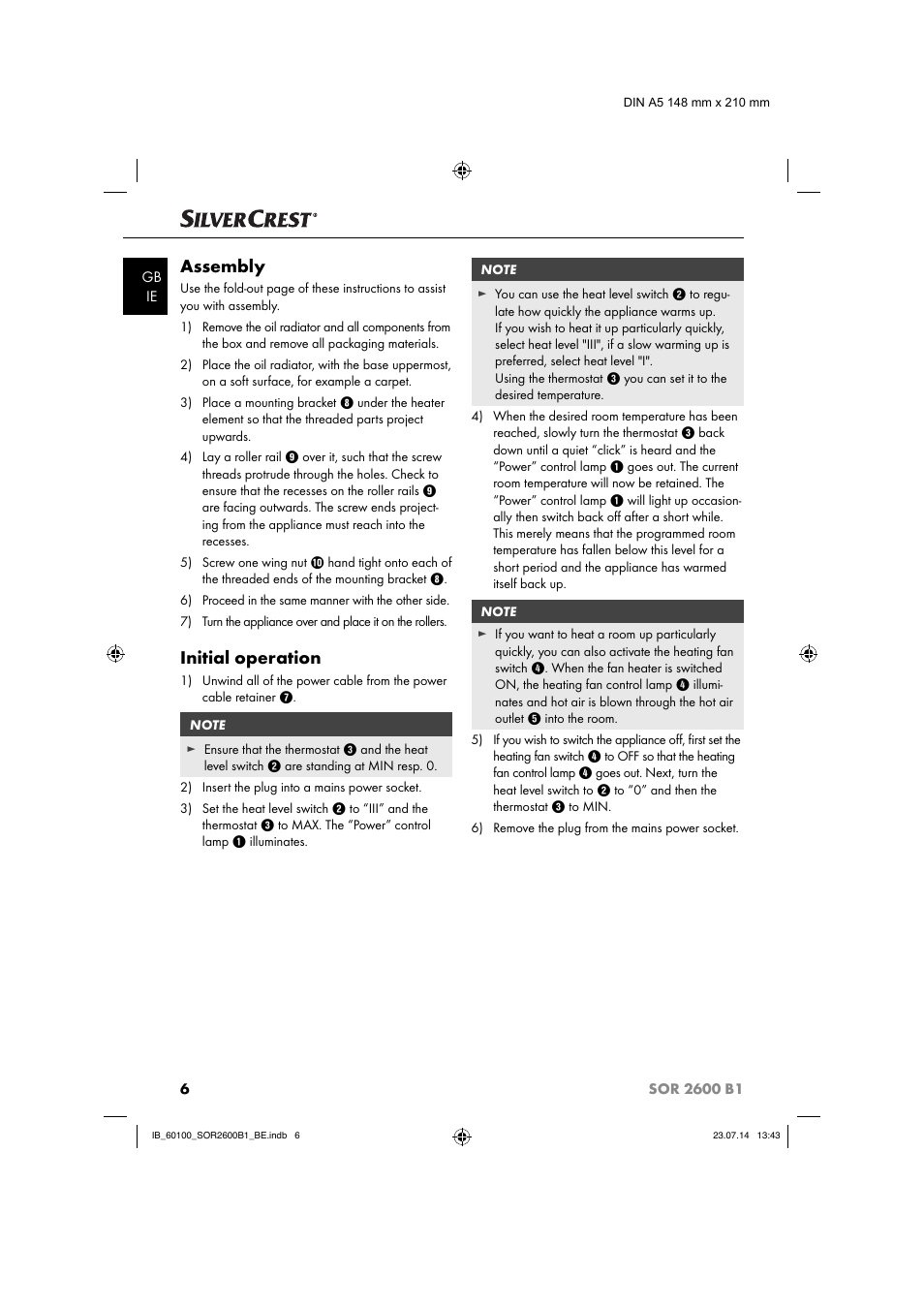 Assembly, Initial operation | Silvercrest SOR 2600 B1 User Manual | Page 9 / 36