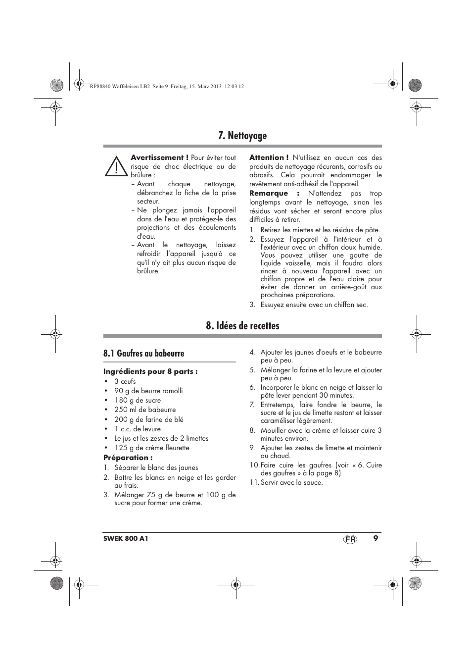 Nettoyage, Idées de recettes, 1 gaufres au babeurre | Silvercrest SWEK 800 A1 User Manual | Page 11 / 46