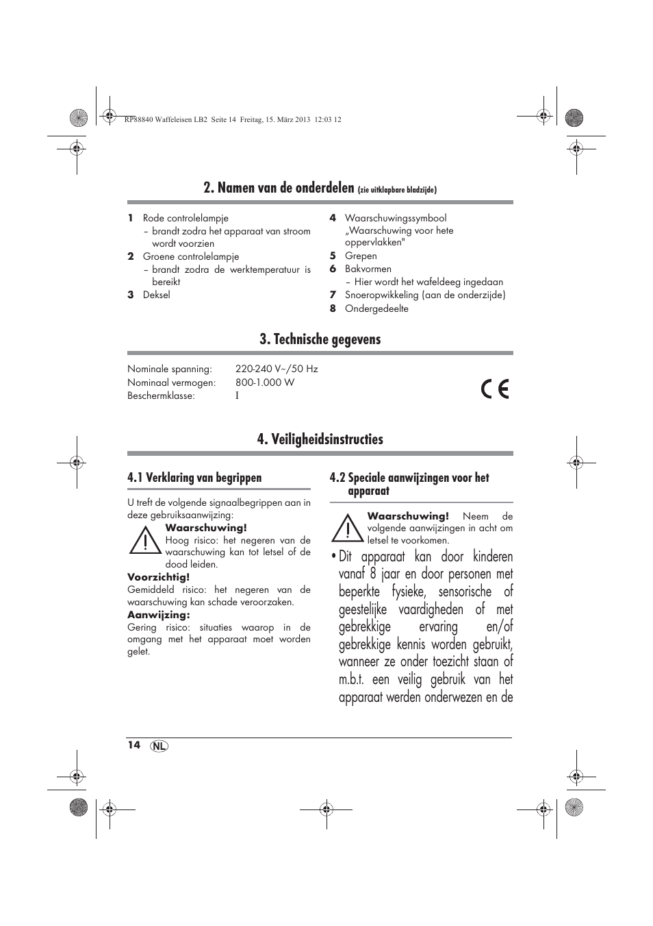 Namen van de onderdelen, Technische gegevens, Veiligheidsinstructies | 1 verklaring van begrippen, 2 speciale aanwijzingen voor het apparaat | Silvercrest SWEK 800 A1 User Manual | Page 16 / 46