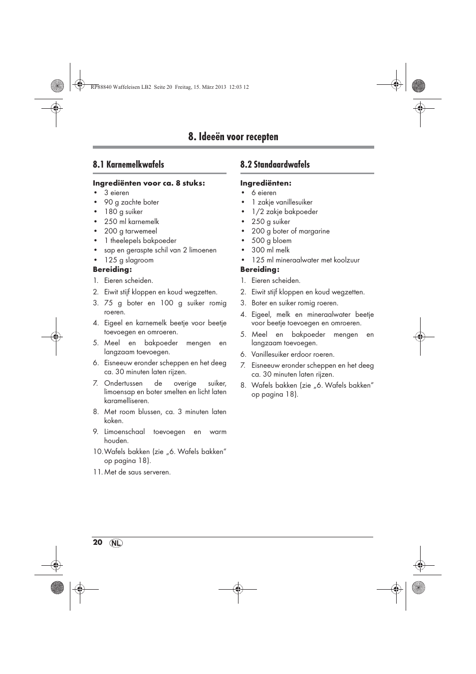 Ideeën voor recepten, 1 karnemelkwafels, 2 standaardwafels | Silvercrest SWEK 800 A1 User Manual | Page 22 / 46