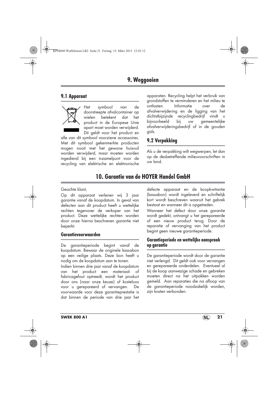 Weggooien, Garantie van de hoyer handel gmbh | Silvercrest SWEK 800 A1 User Manual | Page 23 / 46