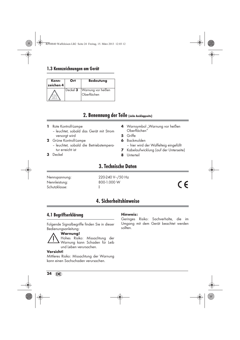 Benennung der teile, Technische daten, Sicherheitshinweise | 3 kennzeichnungen am gerät, 1 begriffserklärung | Silvercrest SWEK 800 A1 User Manual | Page 26 / 46