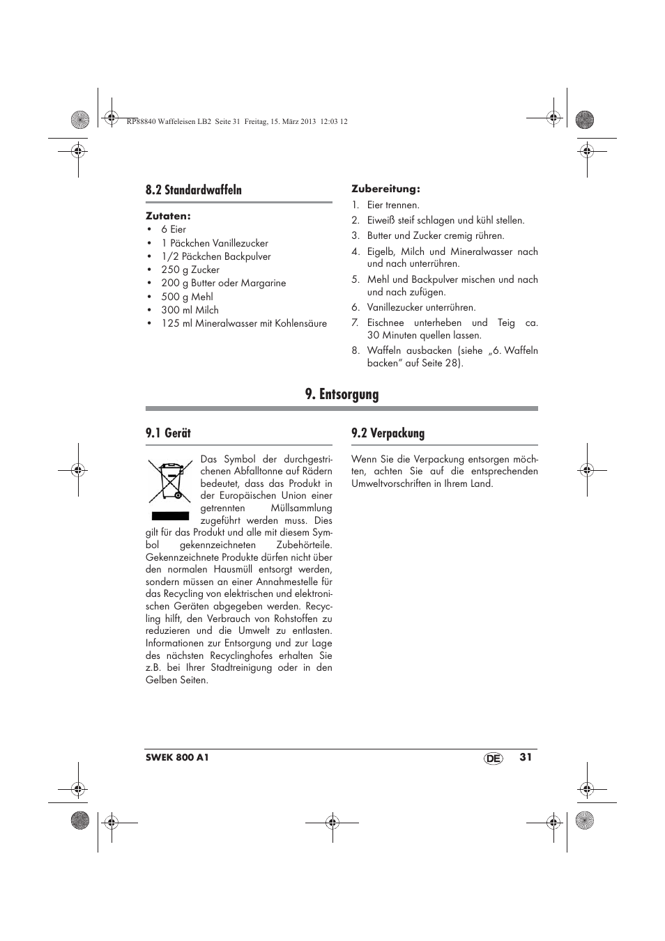 Entsorgung, 2 standardwaffeln, 1 gerät | 2 verpackung | Silvercrest SWEK 800 A1 User Manual | Page 33 / 46