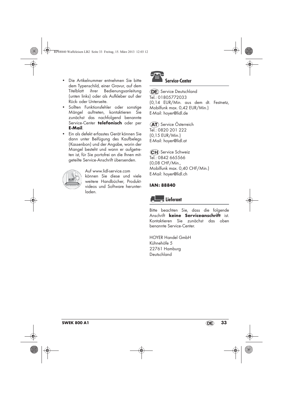 Service-center, Lieferant | Silvercrest SWEK 800 A1 User Manual | Page 35 / 46