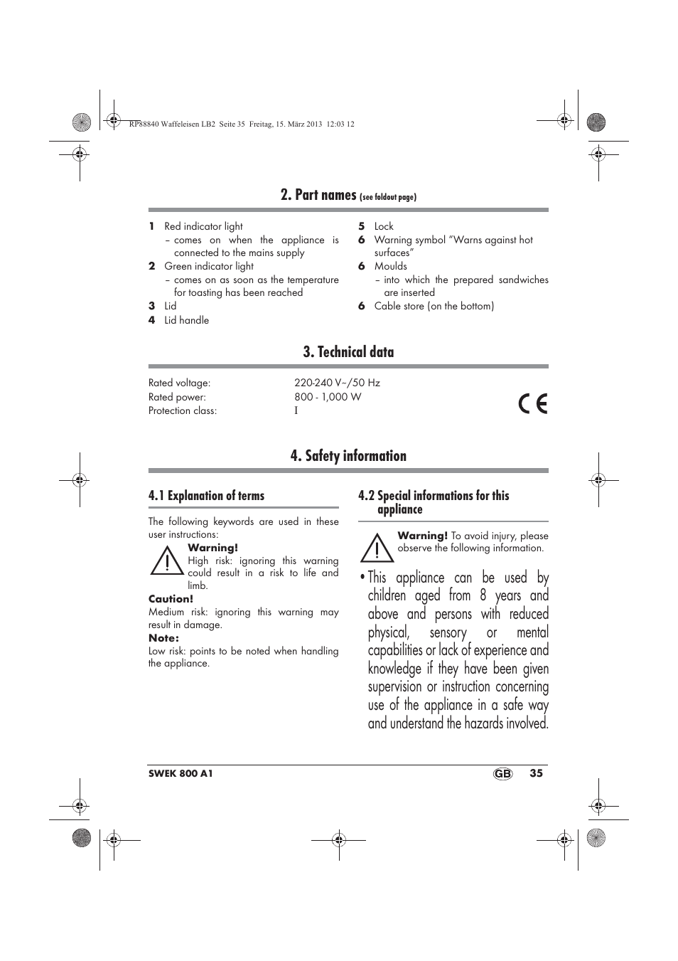 Part names, Technical data, Safety information | 1 explanation of terms, 2 special informations for this appliance | Silvercrest SWEK 800 A1 User Manual | Page 37 / 46