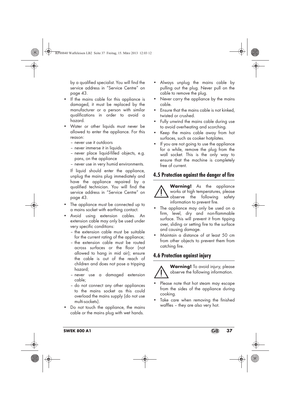 5 protection against the danger of fire, 6 protection against injury | Silvercrest SWEK 800 A1 User Manual | Page 39 / 46