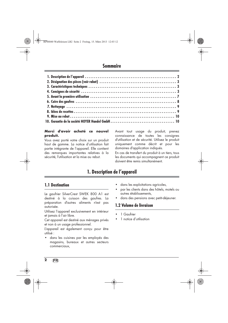 Sommaire, Description de l’appareil | Silvercrest SWEK 800 A1 User Manual | Page 4 / 46