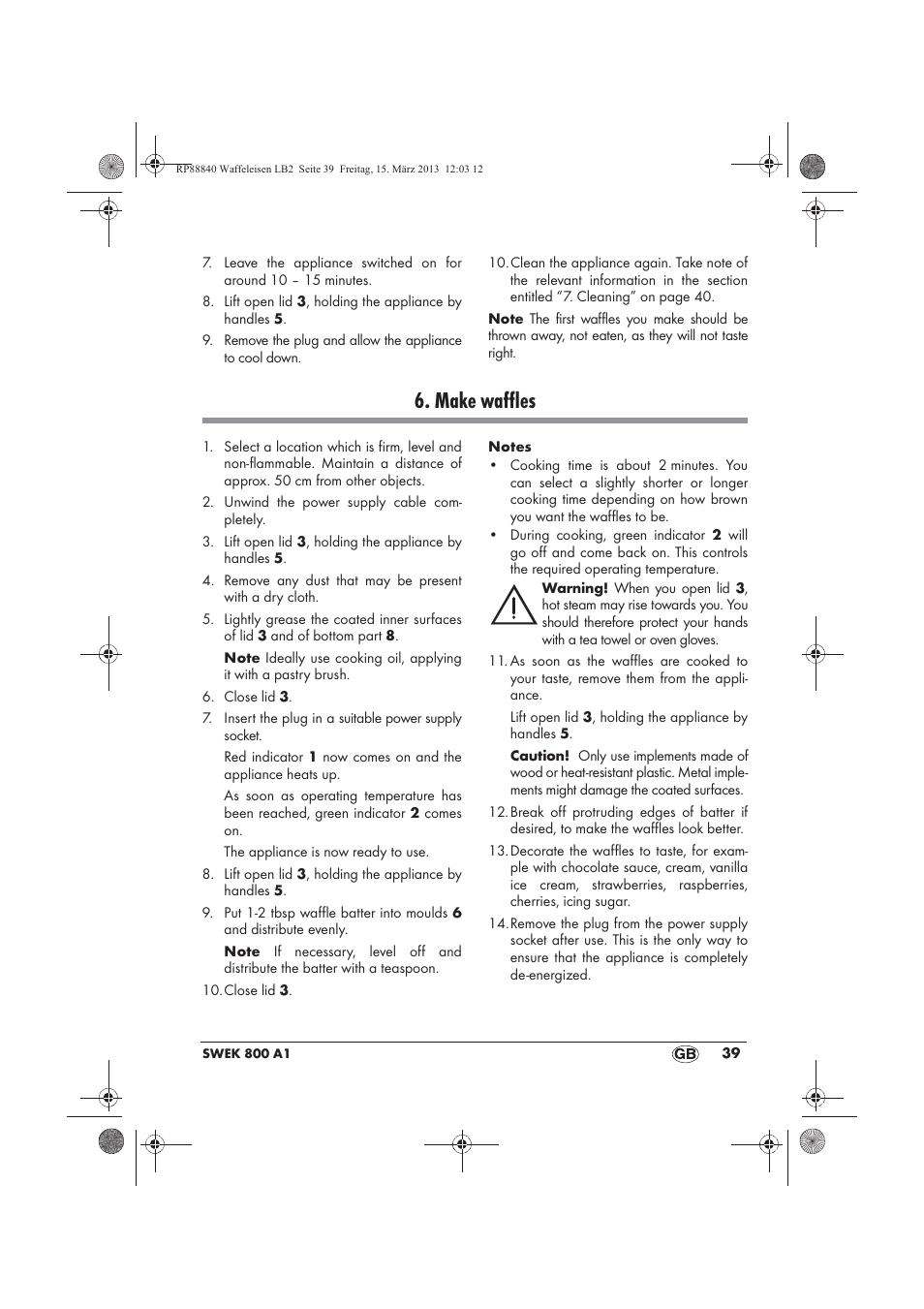 Make waffles | Silvercrest SWEK 800 A1 User Manual | Page 41 / 46
