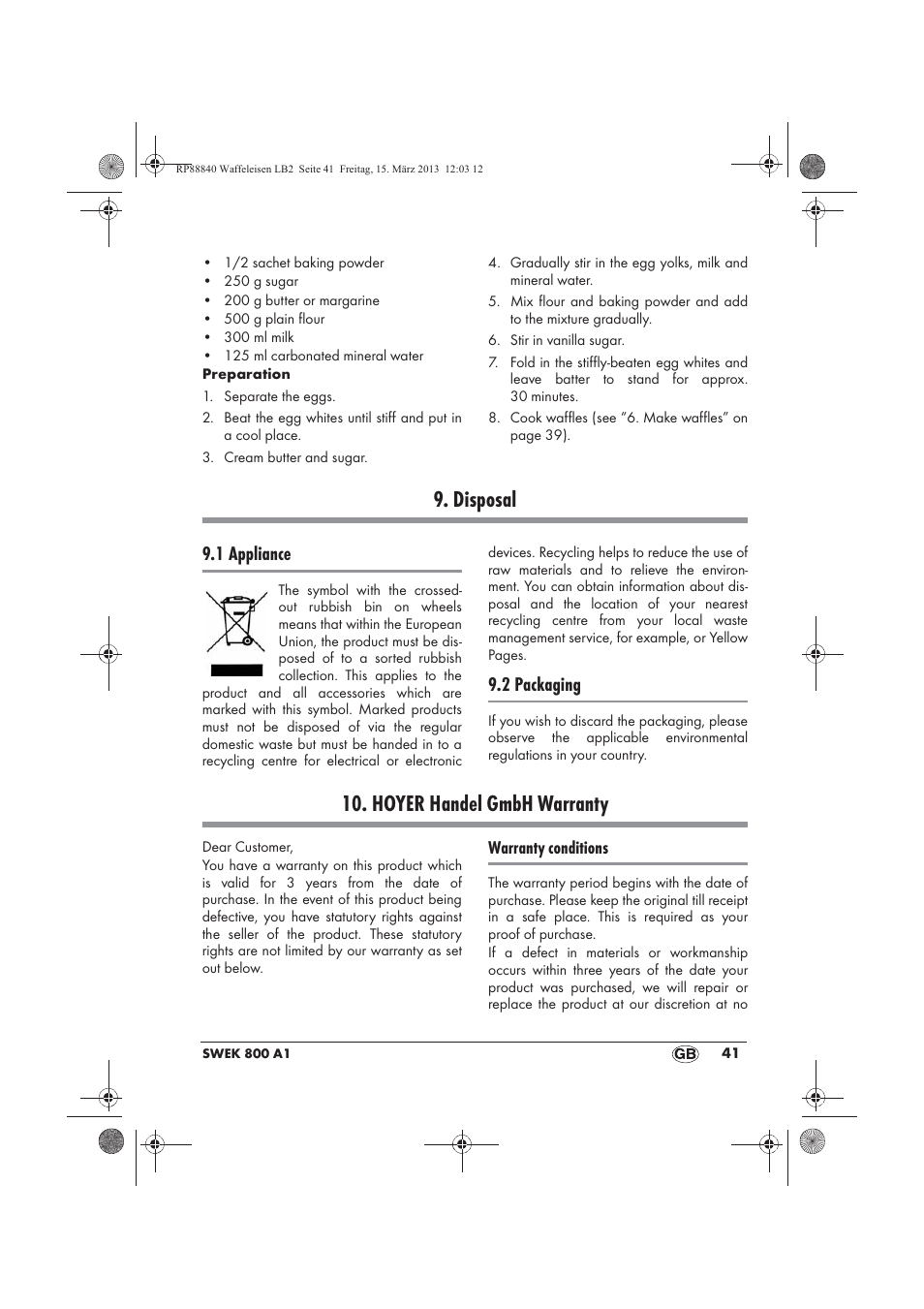 Disposal, Hoyer handel gmbh warranty, 1 appliance | 2 packaging | Silvercrest SWEK 800 A1 User Manual | Page 43 / 46