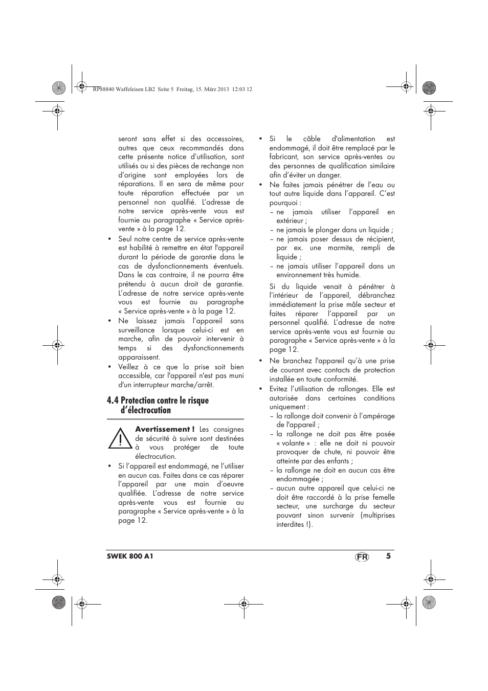 4 protection contre le risque d’électrocution | Silvercrest SWEK 800 A1 User Manual | Page 7 / 46