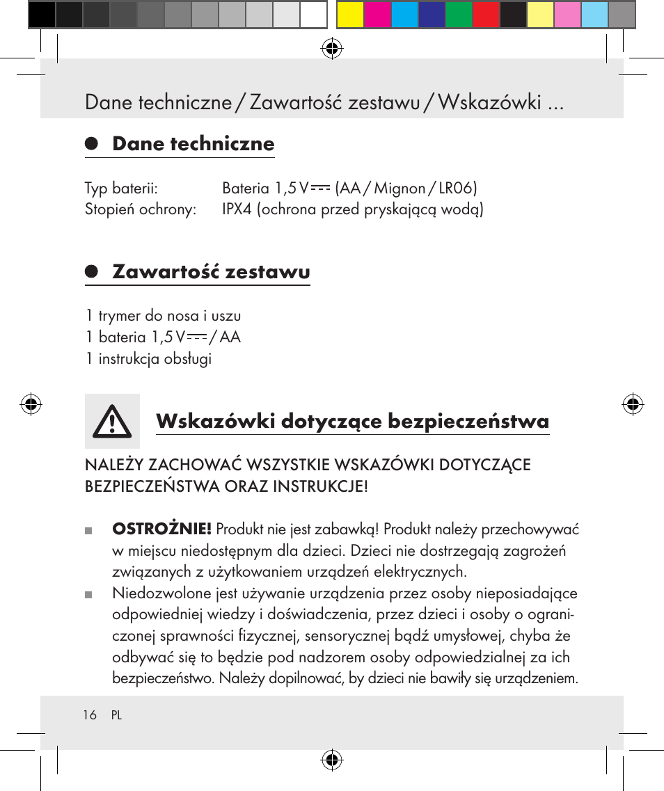 Dane techniczne / zawartość zestawu / wskazówki, Dane techniczne, Zawartość zestawu | Wskazówki dotyczące bezpieczeństwa | Silvercrest Z31131 User Manual | Page 16 / 64