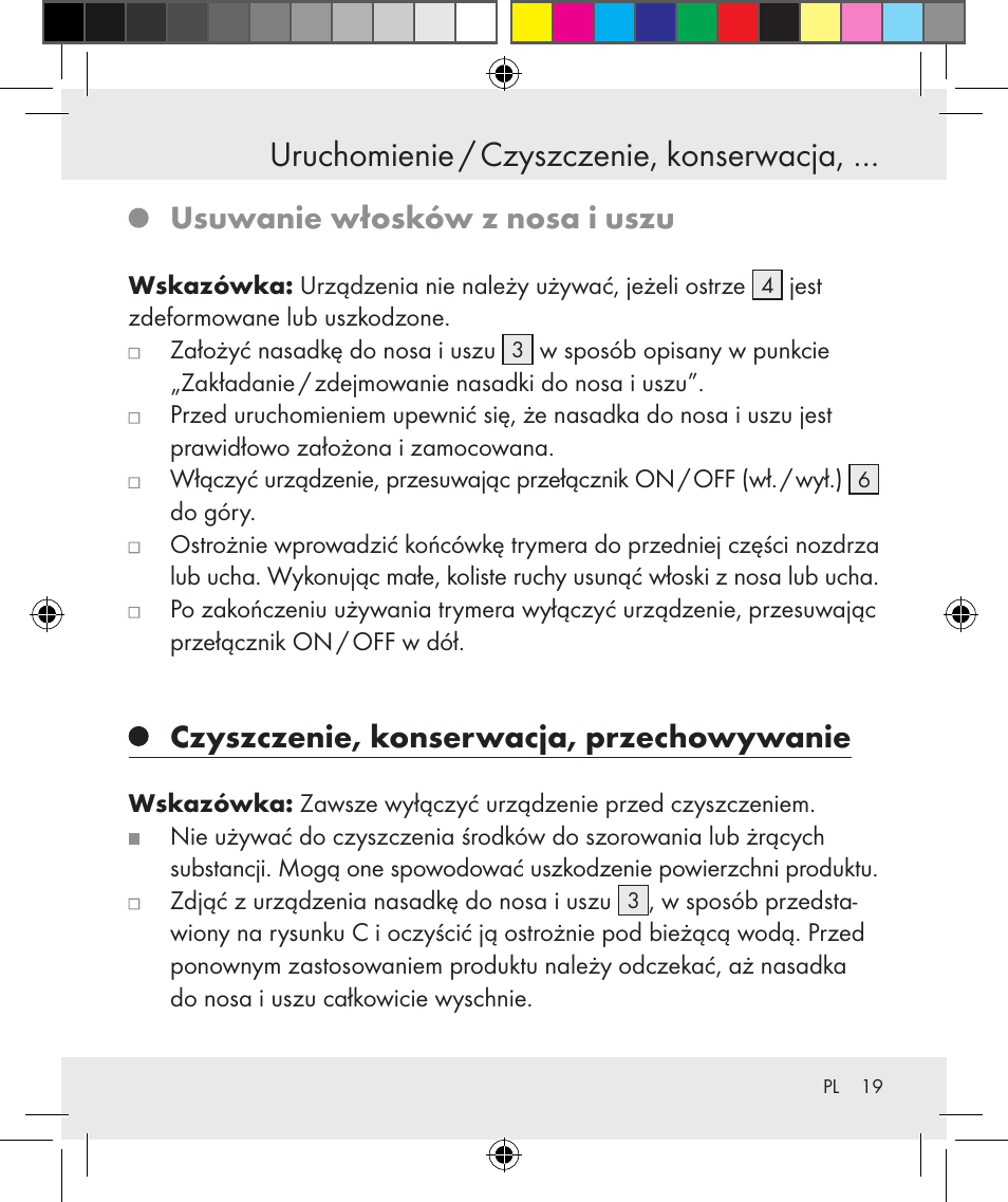 Uruchomienie / czyszczenie, konserwacja, Usuwanie włosków z nosa i uszu, Czyszczenie, konserwacja, przechowywanie | Silvercrest Z31131 User Manual | Page 19 / 64