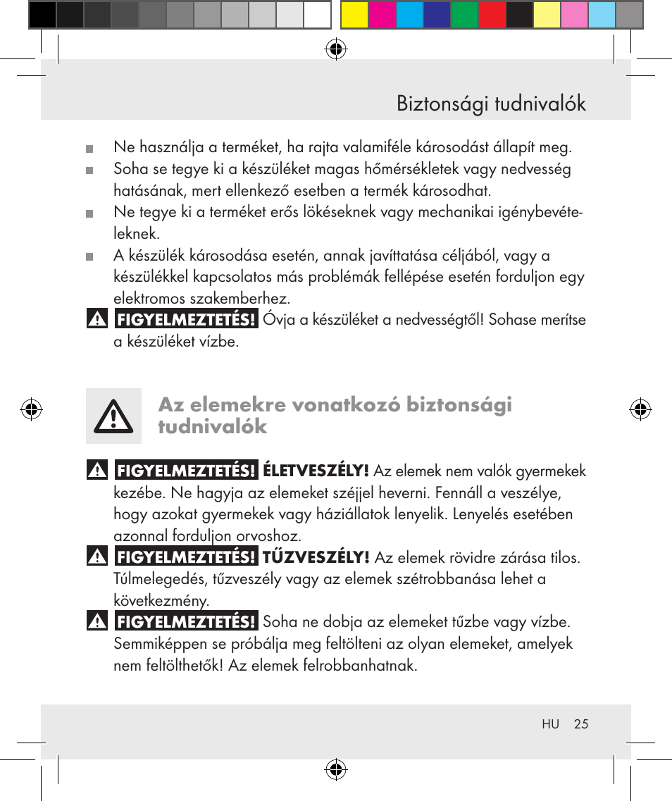 Biztonsági tudnivalók, Az elemekre vonatkozó biztonsági tudnivalók | Silvercrest Z31131 User Manual | Page 25 / 64