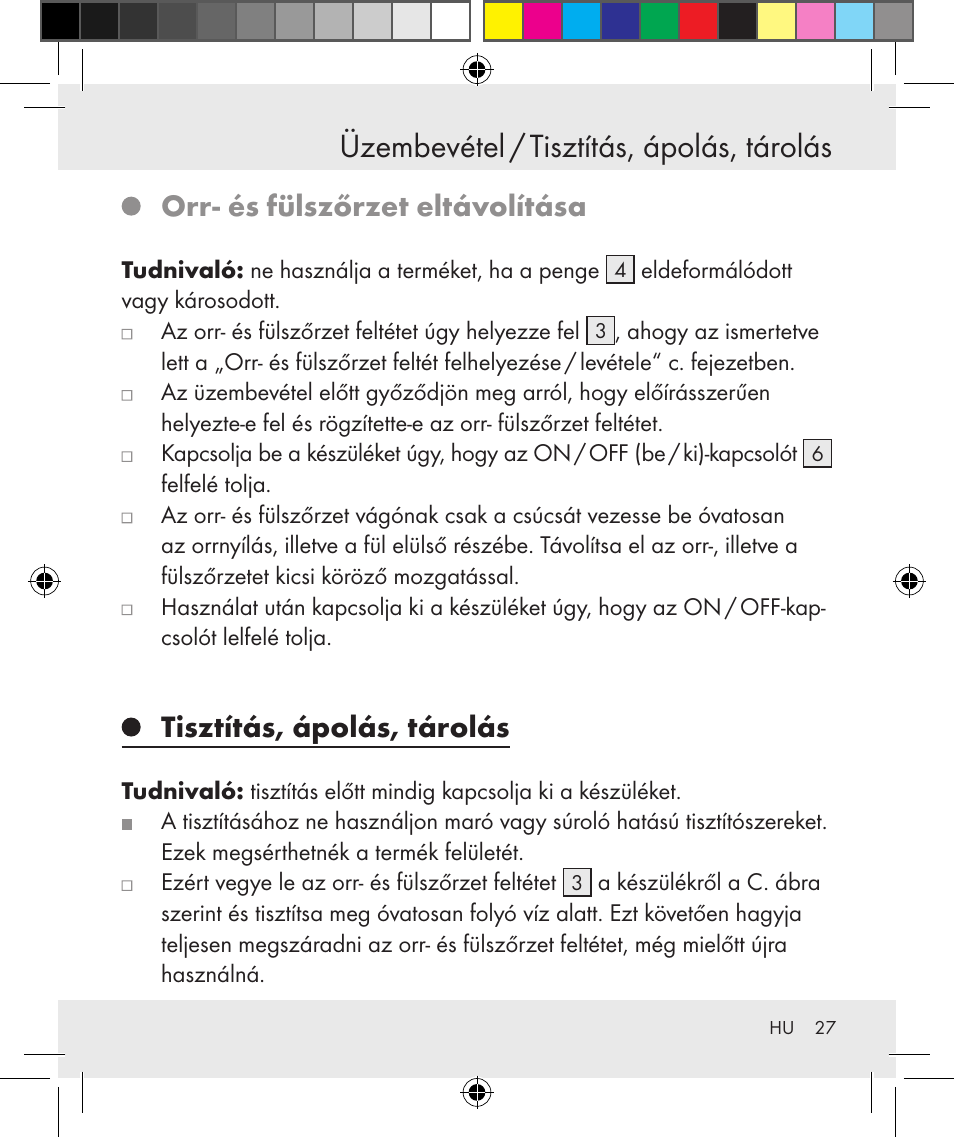 Üzembevétel / tisztítás, ápolás, tárolás, Orr- és fülszőrzet eltávolítása, Tisztítás, ápolás, tárolás | Silvercrest Z31131 User Manual | Page 27 / 64